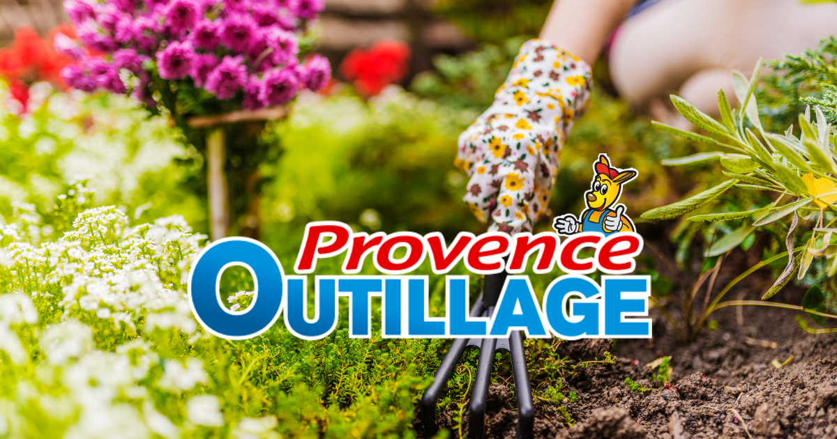 jardin au printemps Entretien du jardin au printemps avec griffette, fleurs colorées et logo Provence Outillage