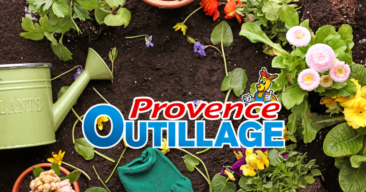 Personne en gants de jardinage travaillant un massif fleuri au printemps, avec le logo Provence Outillage au premier plan.